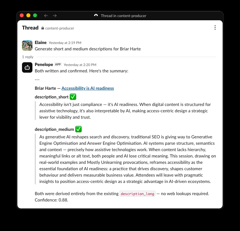 A Slack thread where the Penelope agent generates and confirms content fields for a record, derived from existing material.