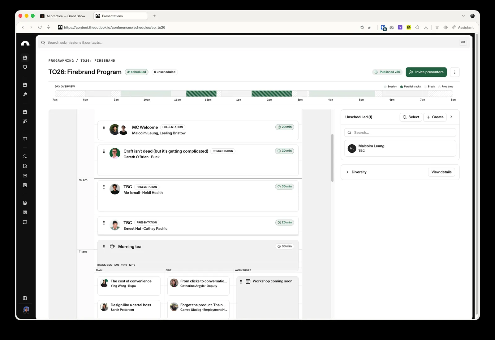Session and program management for a multi-track conference, scheduled by drag and drop.
