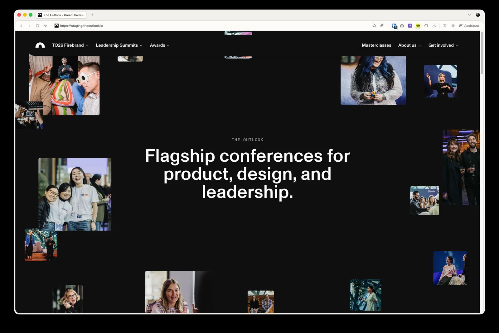 The public Outlook website: a scattered photo collage behind the line 'Flagship conferences for product, design, and leadership'.