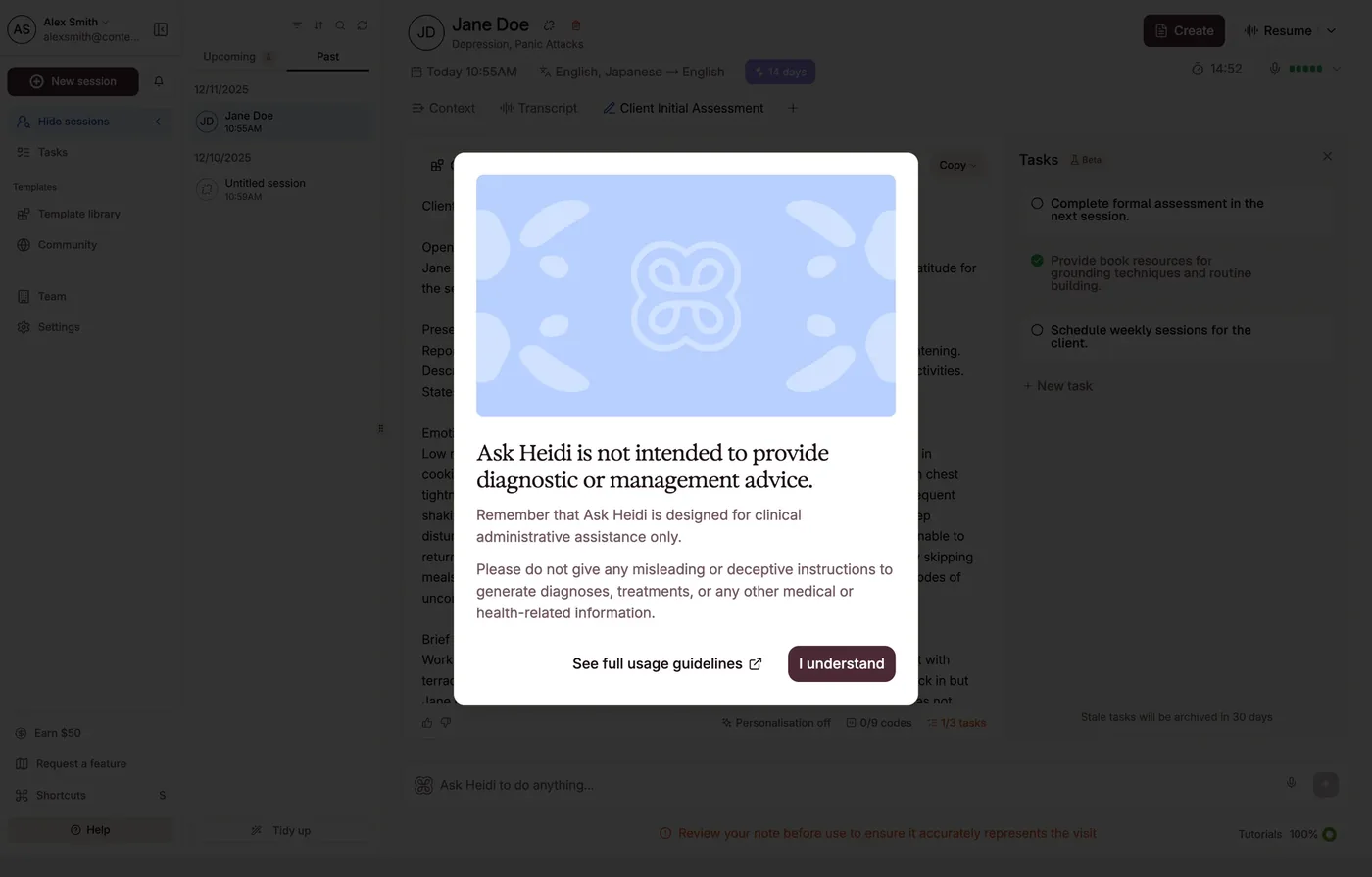 A screen from Heidi's product, reviewed in the design review