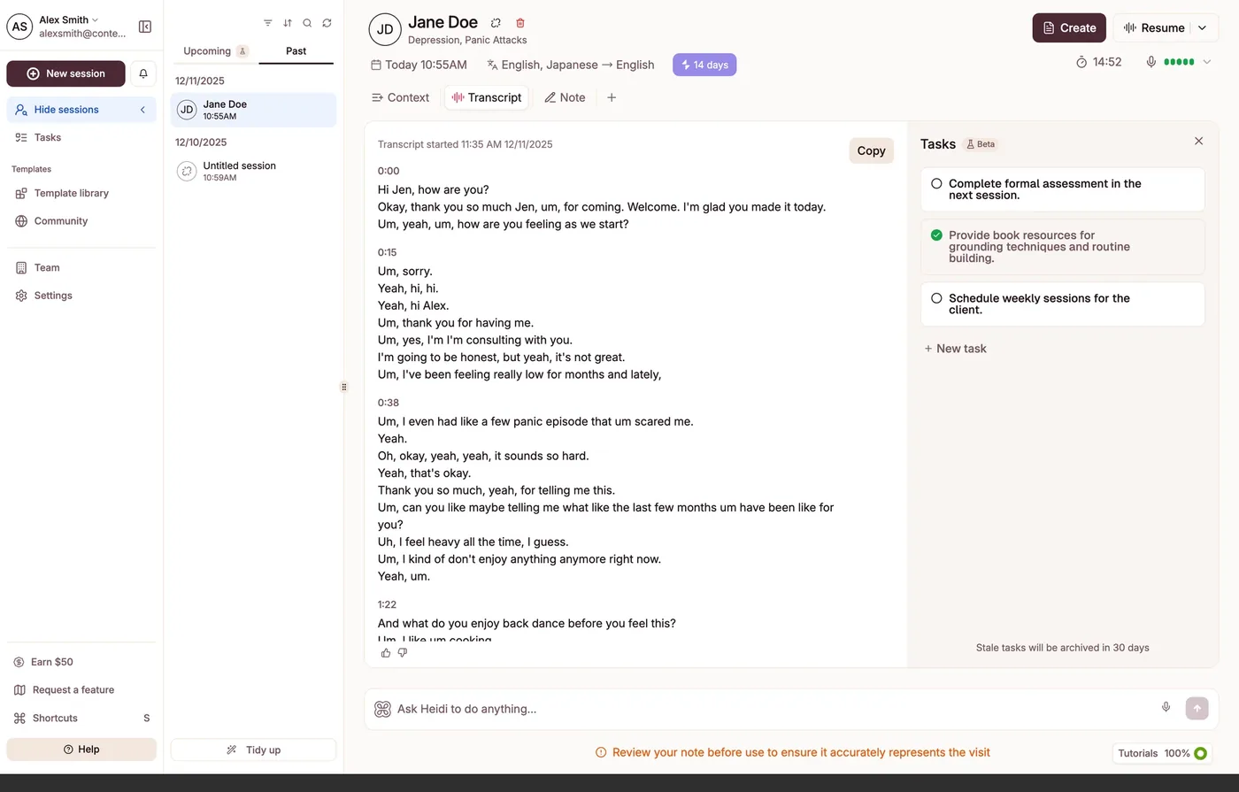 Heidi transcript of a consultation with an auto-extracted Tasks panel