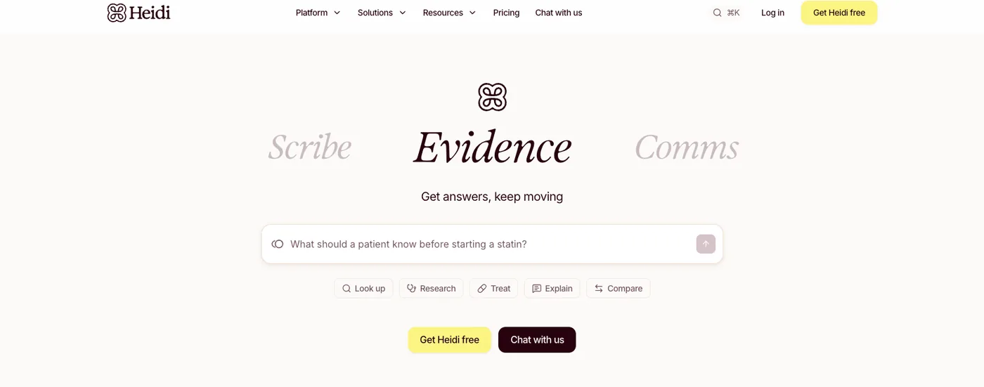 Heidi's redesigned homepage hero: Scribe, Evidence, Comms and an open prompt asking what are we solving today